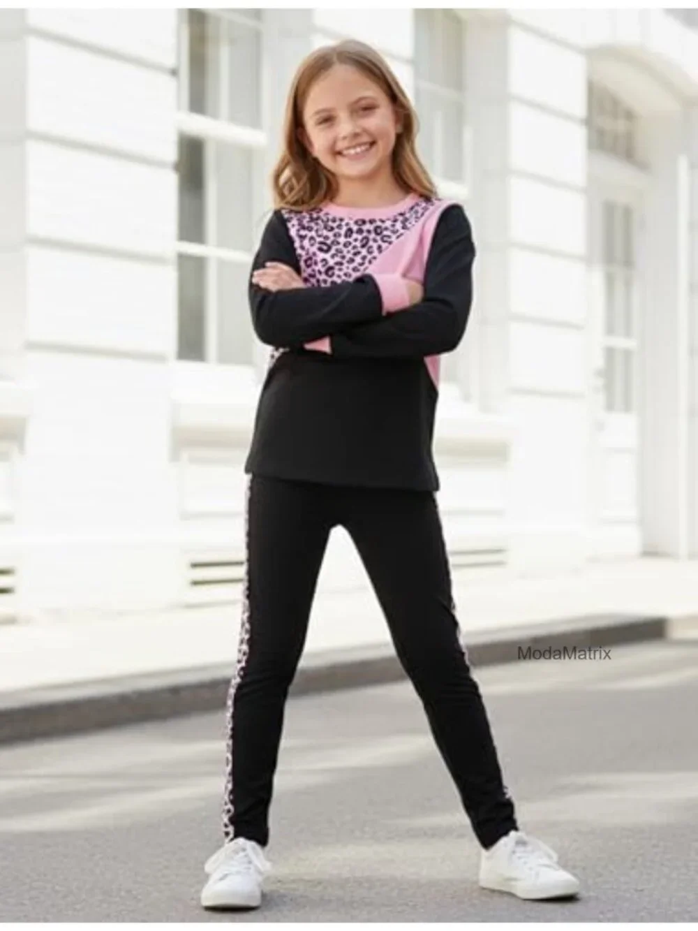 Girls Leopard Color Block Sweatshirt and Leggings Set